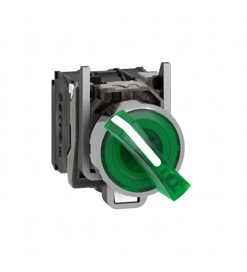 Schneider Electric XB4BK123B5 - Illuminated selector switch, Harmony XB4, metal, green handle, 22mm, universal LED, 2 positions, 1NO + 1NC, 24V AC/DC