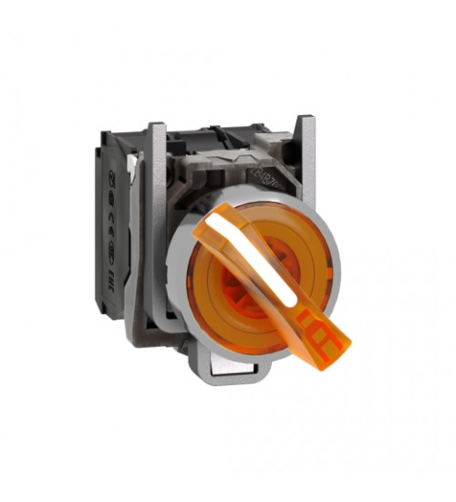 Schneider Electric XB4BK125B5 - Illuminated selector switch, Harmony XB4, metal, orange handle, 22mm, universal LED, 2 positions, 1NO + 1NC, 24V AC/DC