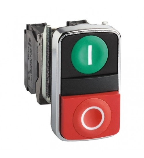 Schneider Electric XB4BL73415 - Double-headed push button, metal, Ã22, 1 green flush marked I + 1 red projecting marked O, 1 NO + 1 NC