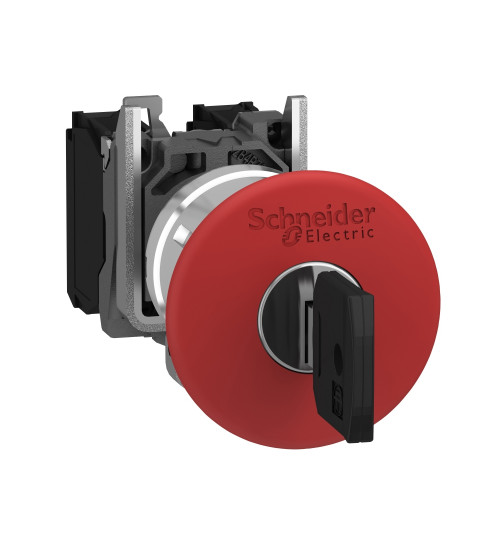 Schneider Electric XB4BS9445 - Emergency stop switching off, metal, red mushroom, Ã40, Ã22, trigger latching key release, 1 NO + 1 NC