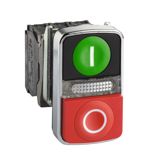 Schneider Electric XB4BW73731B5 - Illuminated double-headed push button, metal, Ã22, 1 green flush I + 1 pilot light + 1 red projecting O, 1 NO + 1 NC