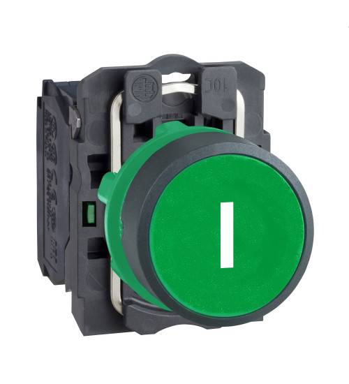 XB5AA3311N - Push button, plastic, flush, green, diameter22, spring return, marked I, 1 NO - Schneider Electric
