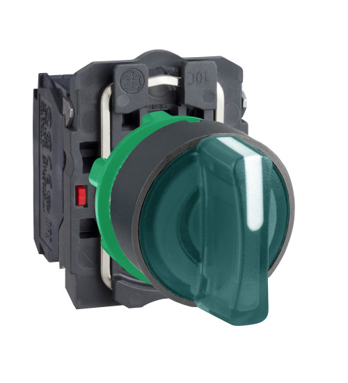 XB5AK131M3N - Ill selector switch, Harmony XB5N XB7N, plastic, yellow, 22mm, short handle, 3 position, stay put, 230V AC, 2 NO - Schneider Electric