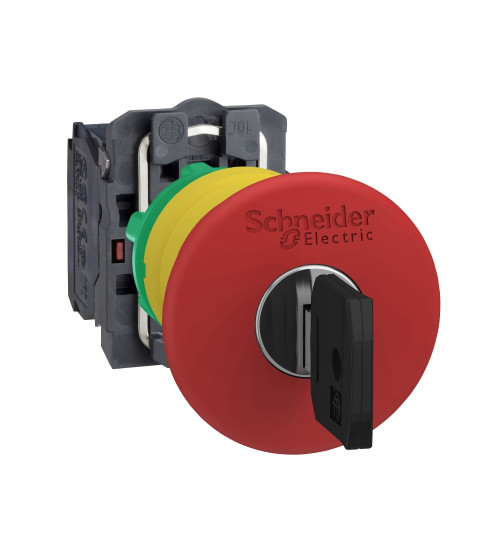 Schneider Electric XB5AS9445N - Key emergency stop push button, Harmony XB5N XB7N, plastic, red, 40mm, key release, trigger latching, 1 NO 1NC