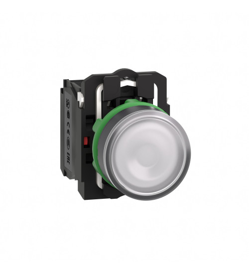 Schneider Electric XB5AW31G5 - Illuminated push button, Harmony XB5, plastic, flush, white, 22mm, universal LED, plain lens, 1NO + 1NC, 110...120V AC