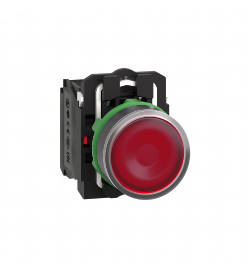 Schneider Electric XB5AW34B5 - Illuminated push button, Harmony XB5, plastic, red flush, 22mm, universal LED, plain lens, 1NO + 1NC, 24V AC/DC