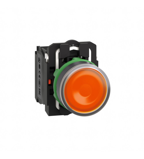 Schneider Electric XB5AW35B5 - Illuminated push button, Harmony XB5, plastic, orange flush, 22mm, universal LED, plain lens, 1NO + 1NC, 24V AC/DC