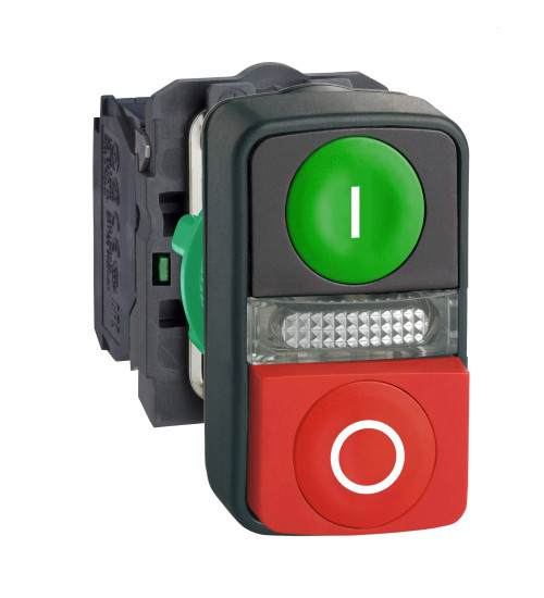 Schneider Electric XB5AW73731M5 - green flush/red projecting illuminated double-headed pushbutton Ã22 1NO+1NC 240V