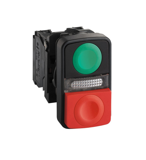 Schneider Electric XB5AW84B5N - ill double-head pushbutton, Harmony XB5N XB7N, plastic,22mm, 1 green flush + 1 red projecting, marked, 24V AC DC, 1NO 1NC