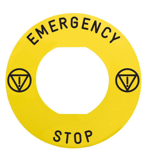 Schneider Electric ZBY9330M - Marked legend, Harmony XB4, Harmony XB5, yellow, 60mm, for emergency stop, marked EMERGENCY STOP/logo ISO13850
