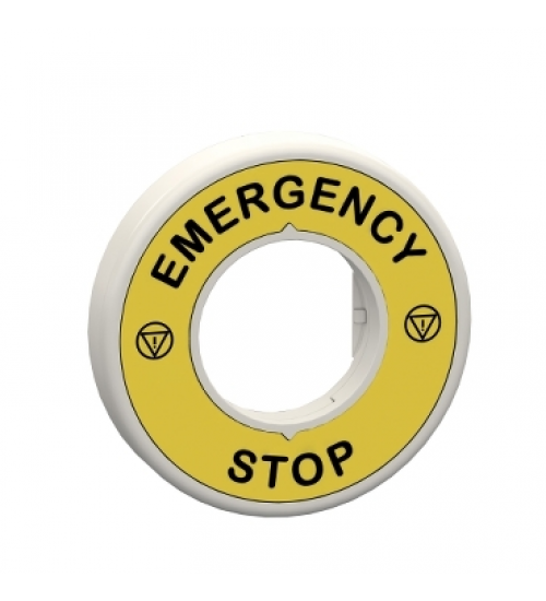 Schneider Electric ZBY9W3B330 - Illuminated marked legend ring, Harmony XB5, 60mm, plastic, yellow, white or red integral LED, marked EMERGENCY STOP, 24V AC DC Schneider Electric ZBY9W3B330 - Illuminated marked legend ring, Harmony XB5, 60mm, plastic, yellow, white or red integral LED, marked EMERGENCY STOP, 24V AC DC