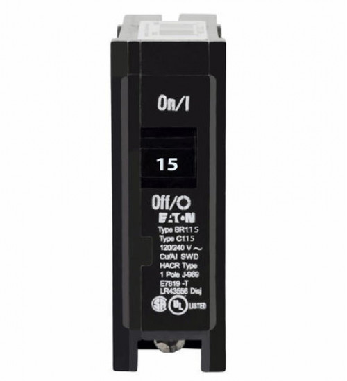 Eaton BR115 - BR Thermal magnetic circuit breaker, Type BR 1-Inch plug-on circuit breaker, 15 A, 10 kAIC, Single-pole, 120/240V