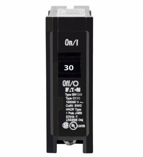 Eaton BR130 - BR thermal magnetic circuit breaker,Type BR 1-Inch plug-on circuit breaker,30 A,10 kAIC,Single-pole,120/240V,BR,#14-4 AWG Cu/Al,BR,Type BR Loadcenters