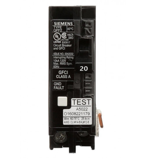 Siemens - QF120A - BREAKER 20A 1P 120V 10K QPF2 GFCI 5MA